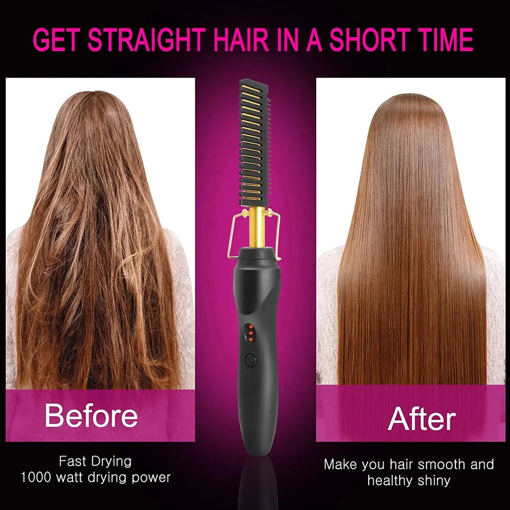 2 in1 Hot Comb Hair Straightener Electric Heating Comb Fast Heating Portable Travel Anti-Scald Beard Straightener Press Comb - Hair-Elite
