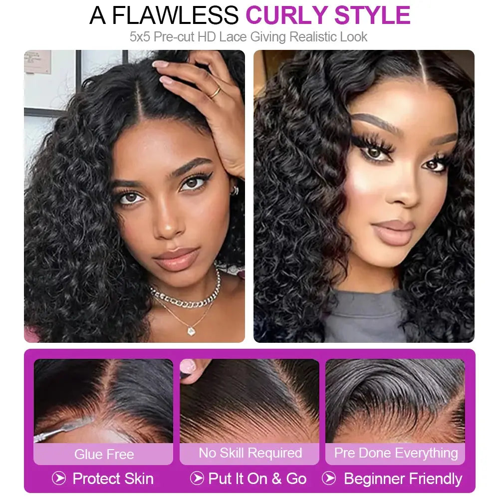 Glueless Wig Human Hair 100% Deep Wave Bob Wig 13x6 Lace Frontal Wig Wear And Go Kinky Curly Short Bob Wig for Women 250 Density - Hair-Elite