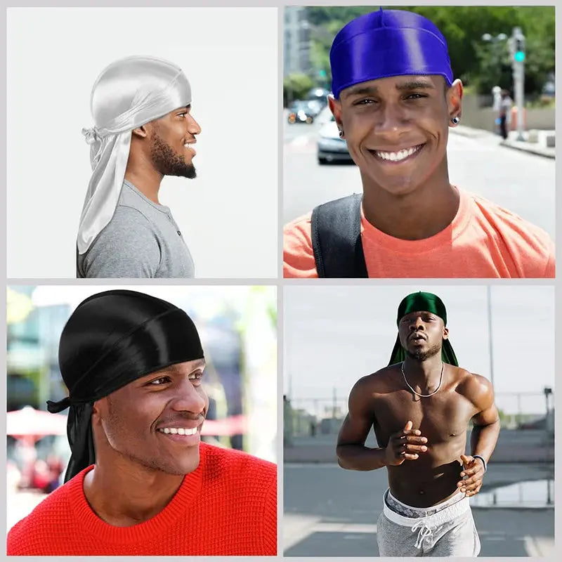 3PCS/LOT Men Silky Durag Long Tail Pirate Hat Headband Turban Dome Wave Cap Unisex Wig Cap Elastic Band Satin Bonnet - Hair-Elite