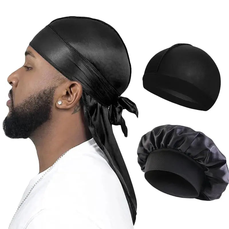 3PCS/LOT Men Silky Durag Long Tail Pirate Hat Headband Turban Dome Wave Cap Unisex Wig Cap Elastic Band Satin Bonnet - Hair-Elite