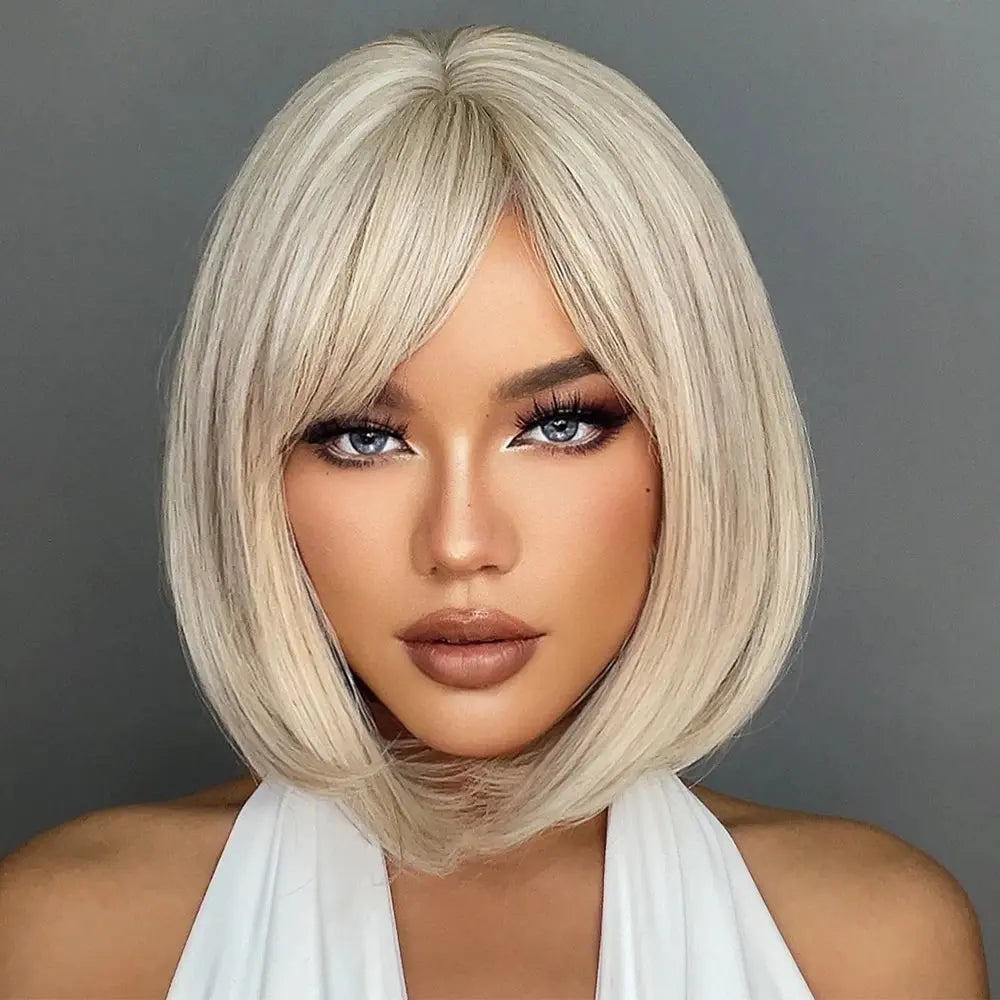 White Blonde Gray Synthetic Wigs with Bangs Short Straight Bob Hair Wig for Women Cosplay Daily Natural Hair Heat Resistant - Hair-Elite