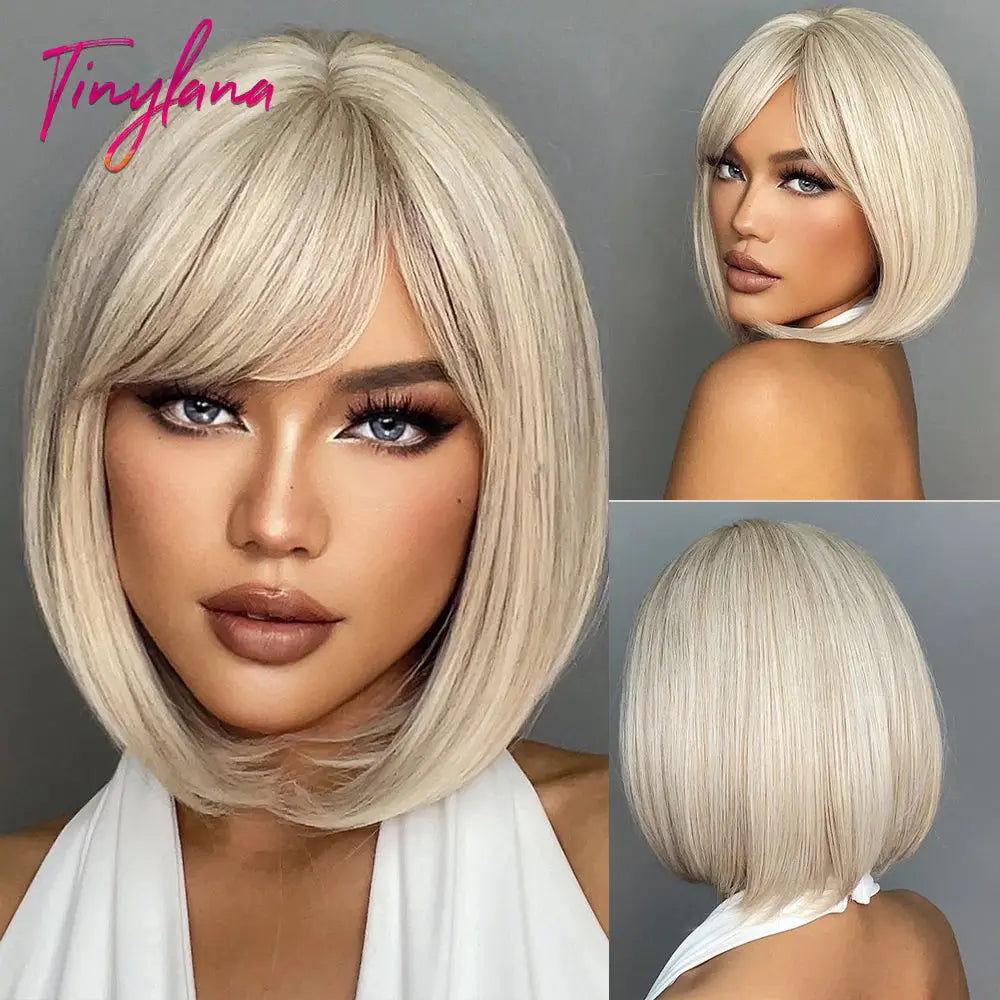 White Blonde Gray Synthetic Wigs with Bangs Short Straight Bob Hair Wig for Women Cosplay Daily Natural Hair Heat Resistant - Hair-Elite